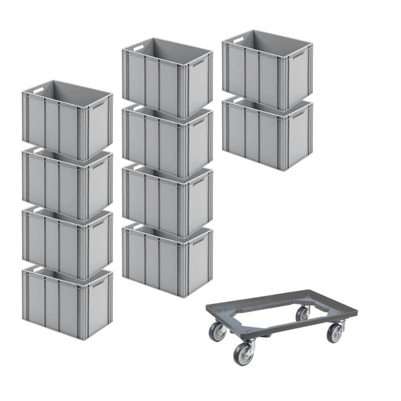 PROREGAL SparSet 10x Eurobehälter mit Offenem Griff und 1 x Transportroller Grau HxBxT 42 x 40 x 60 cm 70 Liter Eurobox Transportbox von PROREGAL