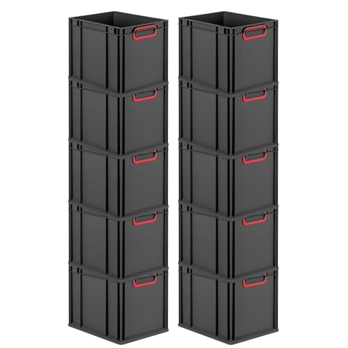 PROREGAL SparSet 10x Eurobox NextGen Color | HxBxT 32x30x40cm | 30 Liter | Griffe rot geschlossen | Schwarz | Eurobehälter, Transportbox, Transportbehälter, Stapelbehälter von PROREGAL