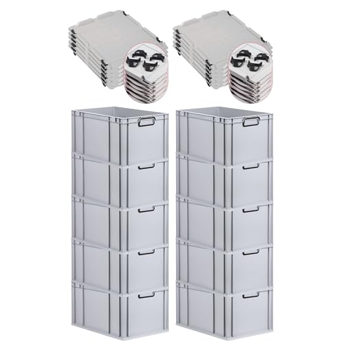 PROREGAL SparSet 10x Eurobox NextGen Color mit Auflagedeckel und Schiebeschnappverschlüsse, HxBxT 32x40x60cm, 65L, Grau, Griffe schwarz zu, Eurobehälter, Transportbox, Transportbehälter von PROREGAL