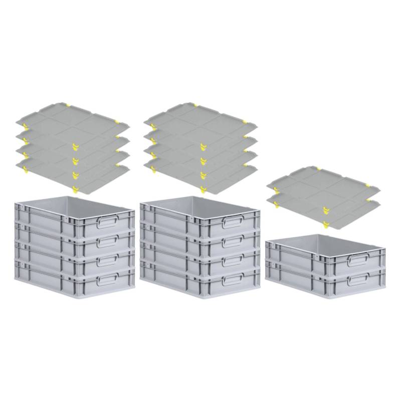 PROREGAL SparSet 10x Eurobox NextGen Grip mit Auflagedeckel mit 4 Gelben Schiebeschnappverschlüssen HxBxT 12 x 40 x 60 cm 23 Liter von PROREGAL