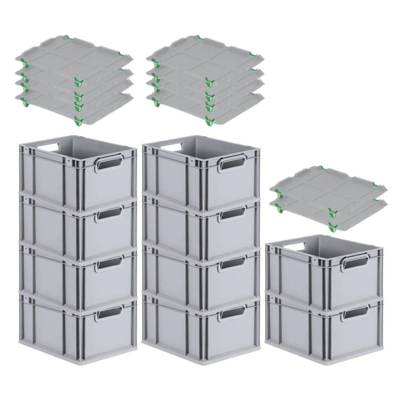 PROREGAL SparSet 10x Eurobox NextGen Grip mit Auflagedeckel mit 4 Grünen Schiebeschnappverschlüssen HxBxT 22 x 30 x 40 cm 20 Liter Griffe von PROREGAL