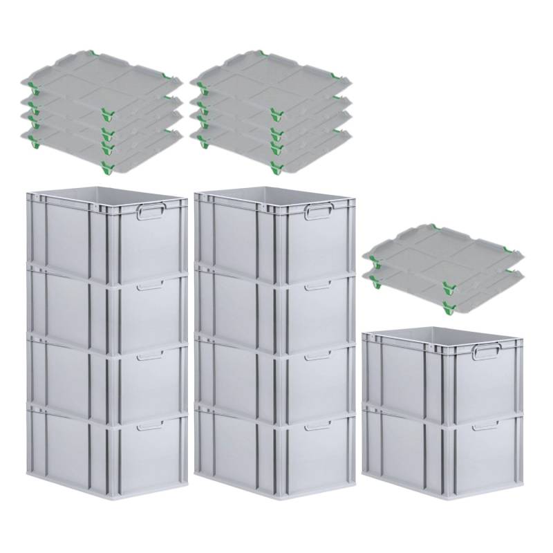 PROREGAL SparSet 10x Eurobox NextGen Grip mit Auflagedeckel mit 4 Grünen Schiebeschnappverschlüssen HxBxT 32 x 40 x 60 cm 65 Liter von PROREGAL