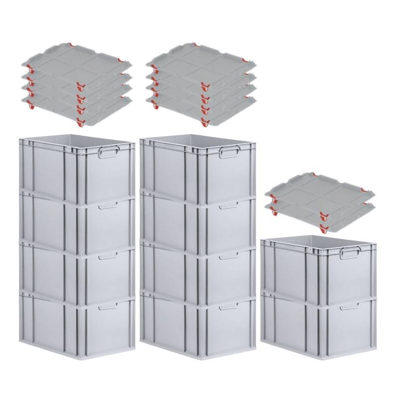 PROREGAL SparSet 10x Eurobox NextGen Grip mit Auflagedeckel mit 4 Roten Schiebeschnappverschlüssen HxBxT 32 x 40 x 60 cm 65 Liter von PROREGAL