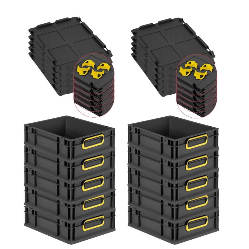 PROREGAL SparSet 10x Eurobox Nextgen Color Mit Auflagedeckel HxBxT 12x30x40cm 11 Liter Schwarz Griffe Gelb Geschlossen Eurobehälter Transportbox von PROREGAL