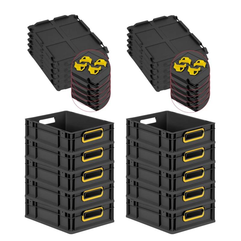 PROREGAL SparSet 10x Eurobox Nextgen Color Mit Auflagedeckel HxBxT 12x30x40cm 11 Liter Schwarz Griffe Gelb Offen Eurobehälter Transportbox von PROREGAL