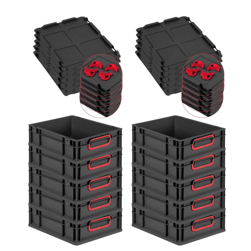 PROREGAL SparSet 10x Eurobox Nextgen Color Mit Auflagedeckel HxBxT 12x30x40cm 11 Liter Schwarz Griffe Rot Geschlossen Eurobehälter Transportbox von PROREGAL