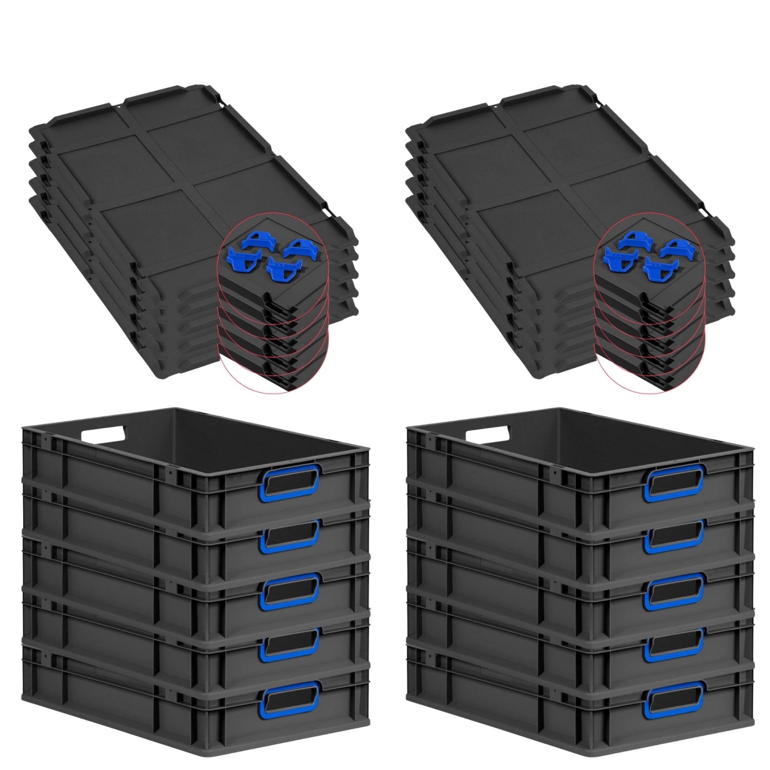 PROREGAL SparSet 10x Eurobox Nextgen Color Mit Auflagedeckel HxBxT 12x40x60cm 23 Liter Schwarz Griffe Blau Offen Eurobehälter Transportbox von PROREGAL