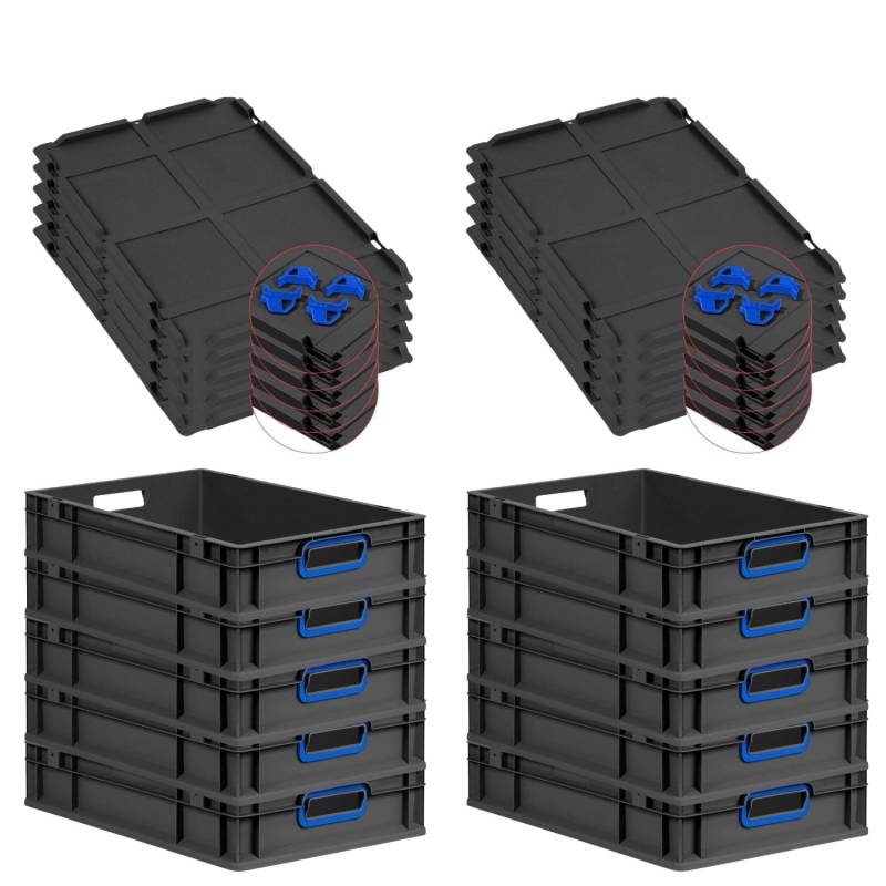 PROREGAL SparSet 10x Eurobox Nextgen Color Mit Auflagedeckel HxBxT 12x40x60cm 23 Liter Schwarz Griffe Blau Offen Eurobehälter Transportbox von PROREGAL