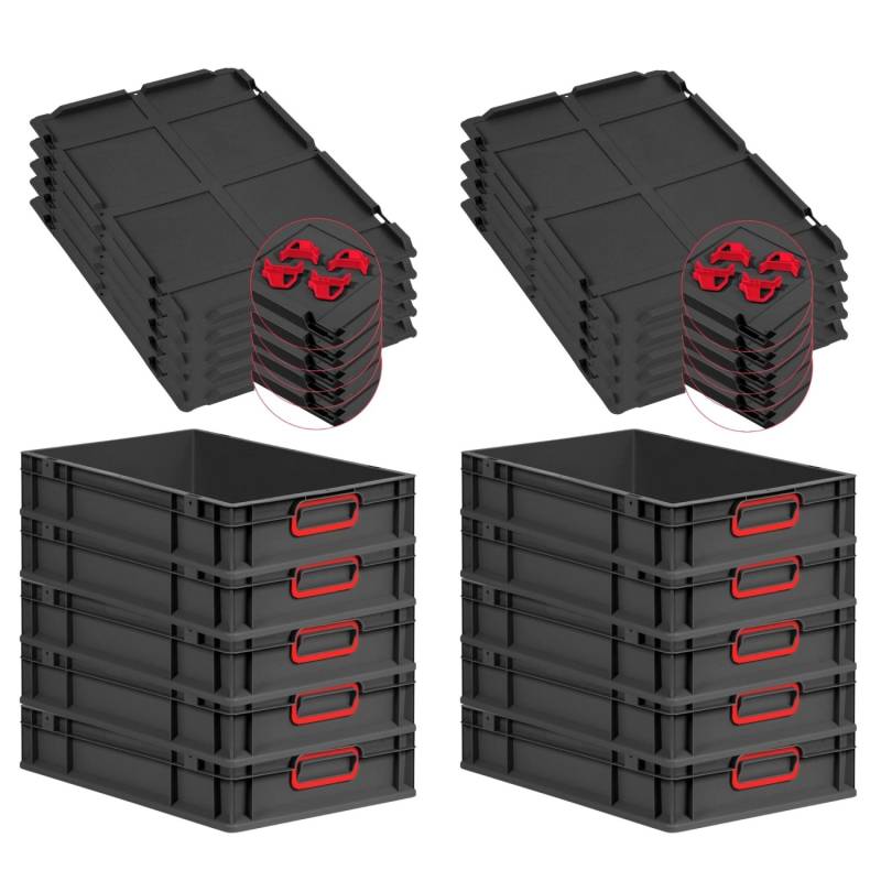 PROREGAL SparSet 10x Eurobox Nextgen Color Mit Auflagedeckel HxBxT 12x40x60cm 23 Liter Schwarz Griffe Rot Geschlossen Eurobehälter Transportbox von PROREGAL