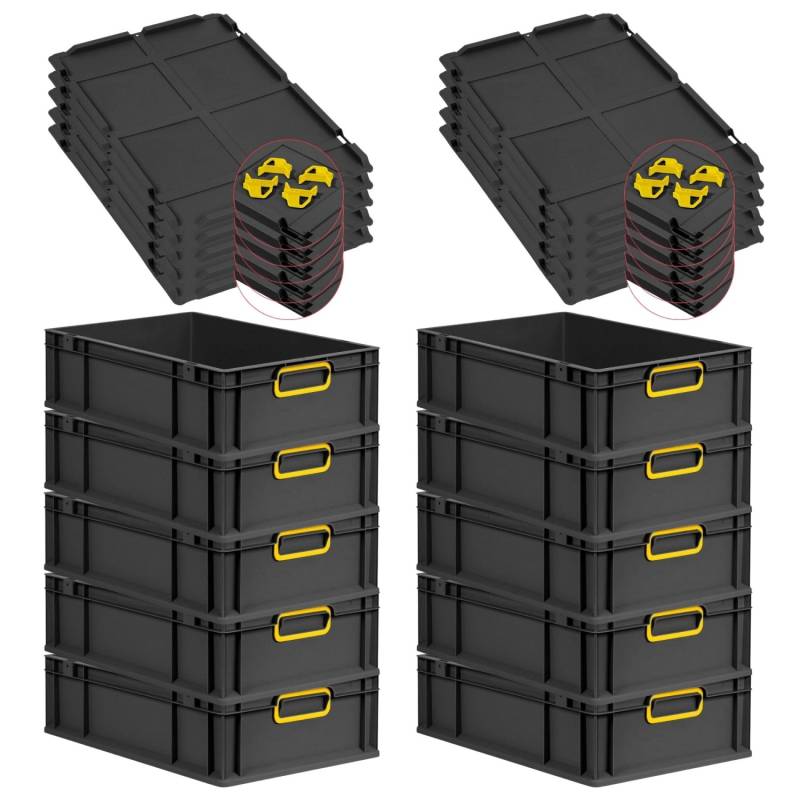 PROREGAL SparSet 10x Eurobox Nextgen Color Mit Auflagedeckel HxBxT 17x40x60cm 34 Liter Schwarz Griffe Gelb Geschlossen Eurobehälter Transportbox von PROREGAL