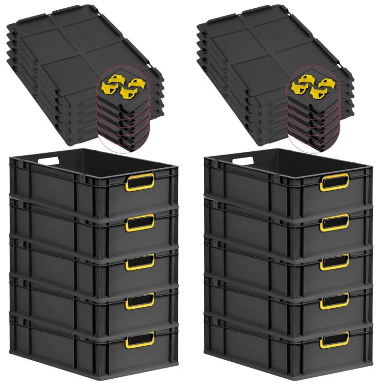 PROREGAL SparSet 10x Eurobox Nextgen Color Mit Auflagedeckel HxBxT 17x40x60cm 34 Liter Schwarz Griffe Gelb Offen Eurobehälter Transportbox von PROREGAL