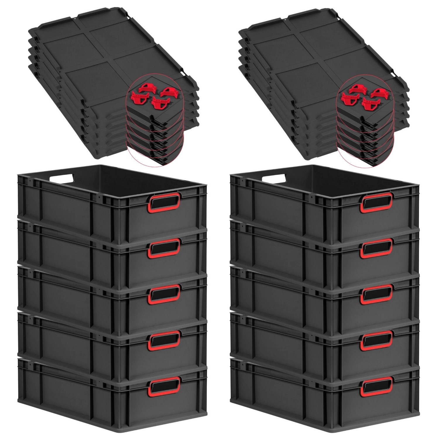PROREGAL SparSet 10x Eurobox Nextgen Color Mit Auflagedeckel HxBxT 17x40x60cm 34 Liter Schwarz Griffe Rot Offen Eurobehälter Transportbox von PROREGAL