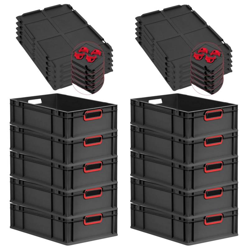 PROREGAL SparSet 10x Eurobox Nextgen Color Mit Auflagedeckel HxBxT 17x40x60cm 34 Liter Schwarz Griffe Rot Offen Eurobehälter Transportbox von PROREGAL
