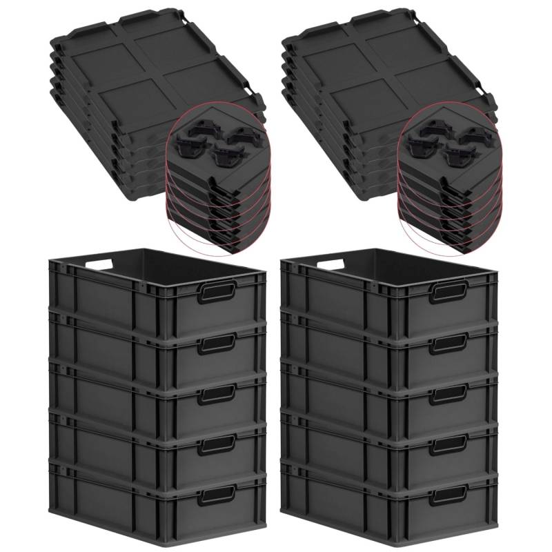 PROREGAL SparSet 10x Eurobox Nextgen Color Mit Auflagedeckel HxBxT 17x40x60cm 34 Liter Schwarz Griffe Schwarz Offen Eurobehälter Transportbox von PROREGAL