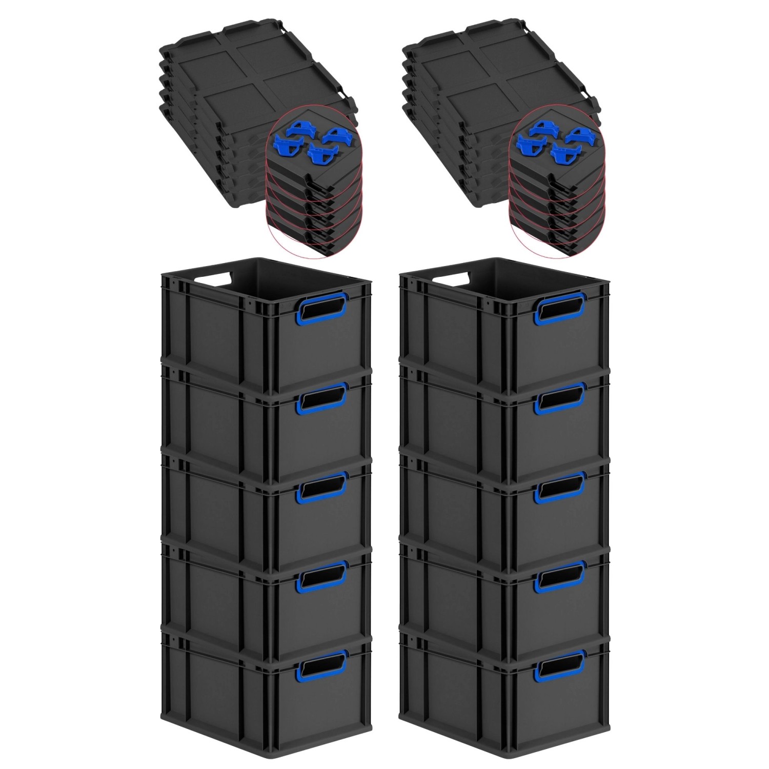 PROREGAL SparSet 10x Eurobox Nextgen Color Mit Auflagedeckel HxBxT 22x30x40cm 20 Liter Schwarz Griffe Blau Offen Eurobehälter Transportbox von PROREGAL