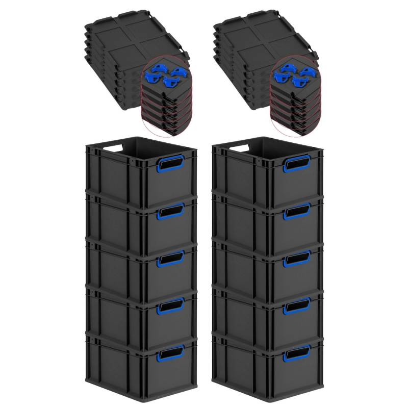 PROREGAL SparSet 10x Eurobox Nextgen Color Mit Auflagedeckel HxBxT 22x30x40cm 20 Liter Schwarz Griffe Blau Offen Eurobehälter Transportbox von PROREGAL