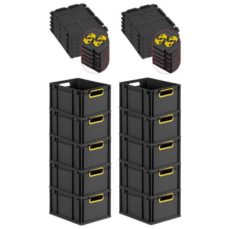 PROREGAL SparSet 10x Eurobox Nextgen Color Mit Auflagedeckel HxBxT 22x30x40cm 20 Liter Schwarz Griffe Gelb Offen Eurobehälter Transportbox von PROREGAL