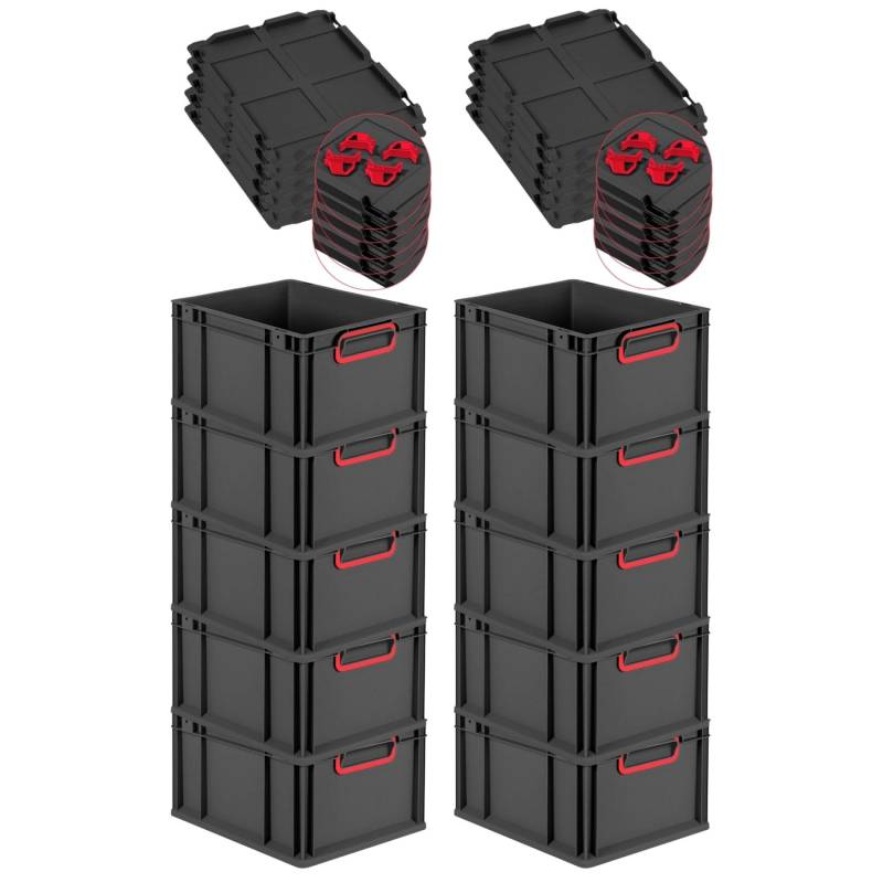 PROREGAL SparSet 10x Eurobox Nextgen Color Mit Auflagedeckel HxBxT 22x30x40cm 20 Liter Schwarz Griffe Rot Geschlossen Eurobehälter Transportbox von PROREGAL