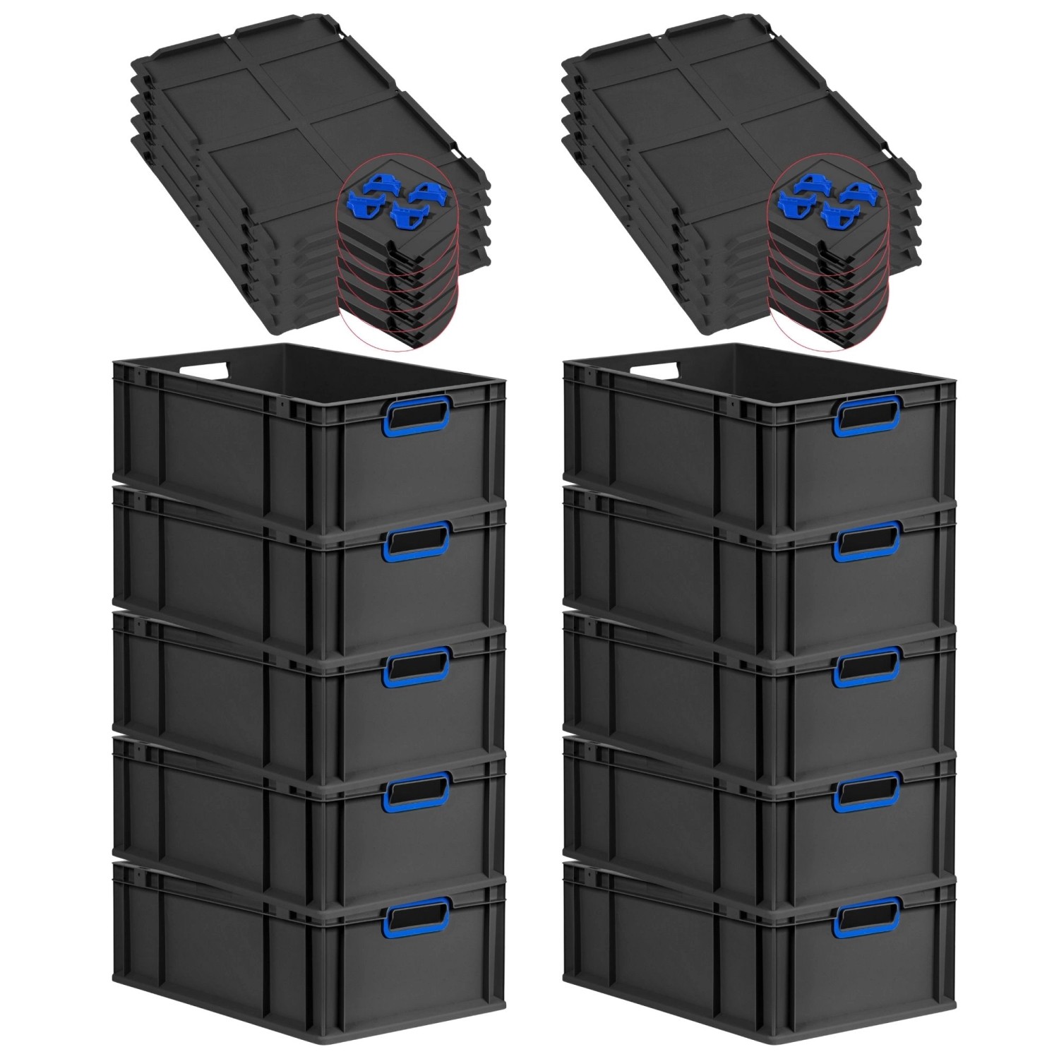 PROREGAL SparSet 10x Eurobox Nextgen Color Mit Auflagedeckel HxBxT 22x40x60cm 44 Liter Schwarz Griffe Blau Offen Eurobehälter Transportbox von PROREGAL