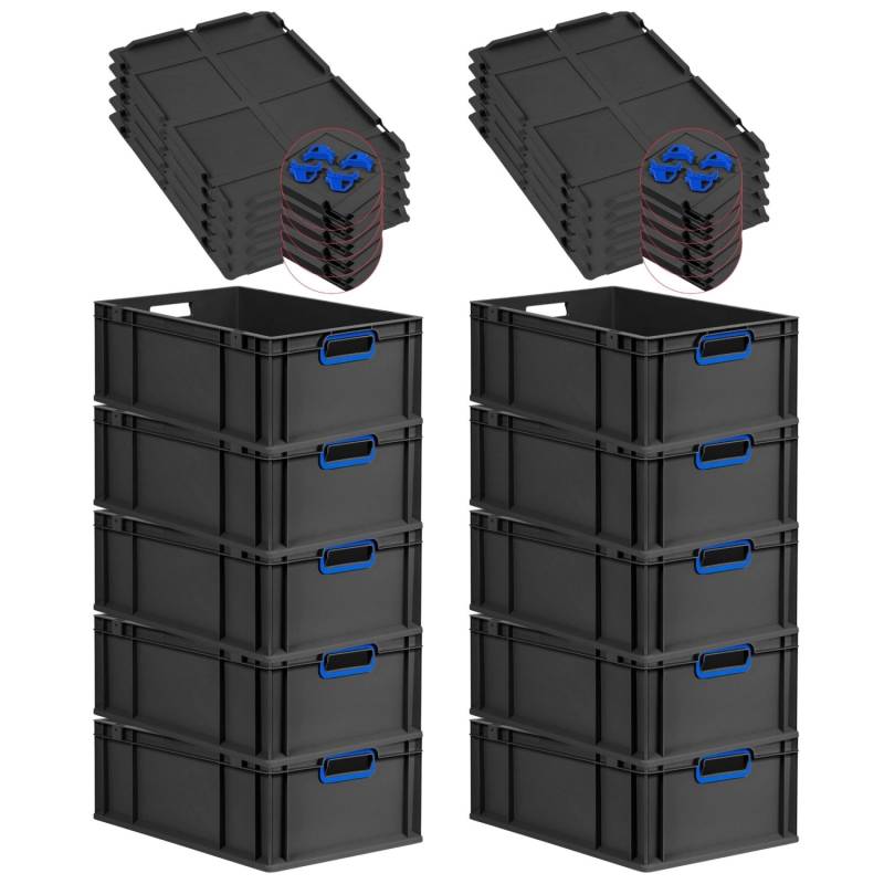 PROREGAL SparSet 10x Eurobox Nextgen Color Mit Auflagedeckel HxBxT 22x40x60cm 44 Liter Schwarz Griffe Blau Offen Eurobehälter Transportbox von PROREGAL