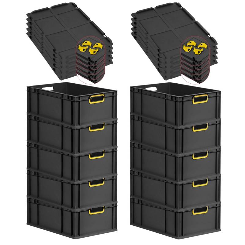 PROREGAL SparSet 10x Eurobox Nextgen Color Mit Auflagedeckel HxBxT 22x40x60cm 44 Liter Schwarz Griffe Gelb Offen Eurobehälter Transportbox von PROREGAL