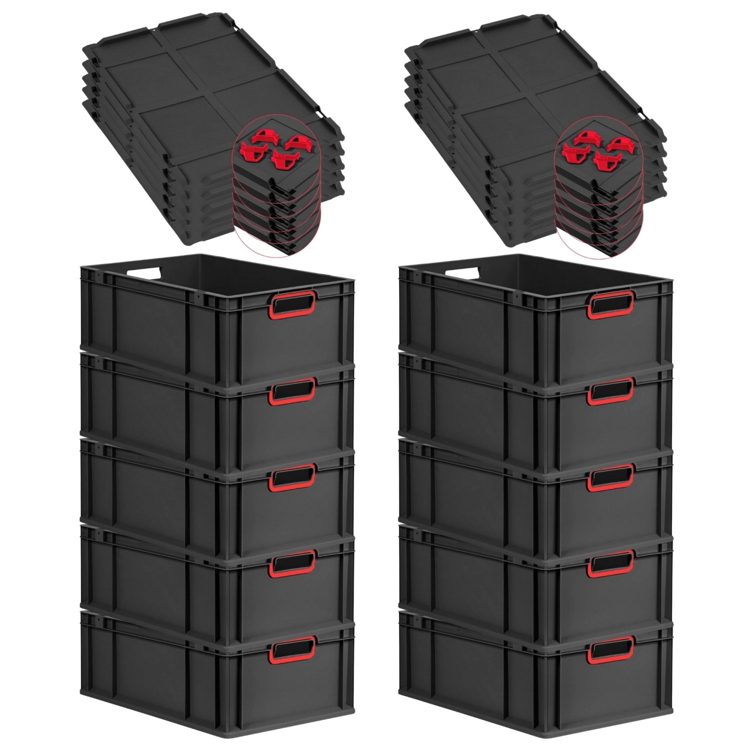PROREGAL SparSet 10x Eurobox Nextgen Color Mit Auflagedeckel HxBxT 22x40x60cm 44 Liter Schwarz Griffe Rot Offen Eurobehälter Transportbox von PROREGAL