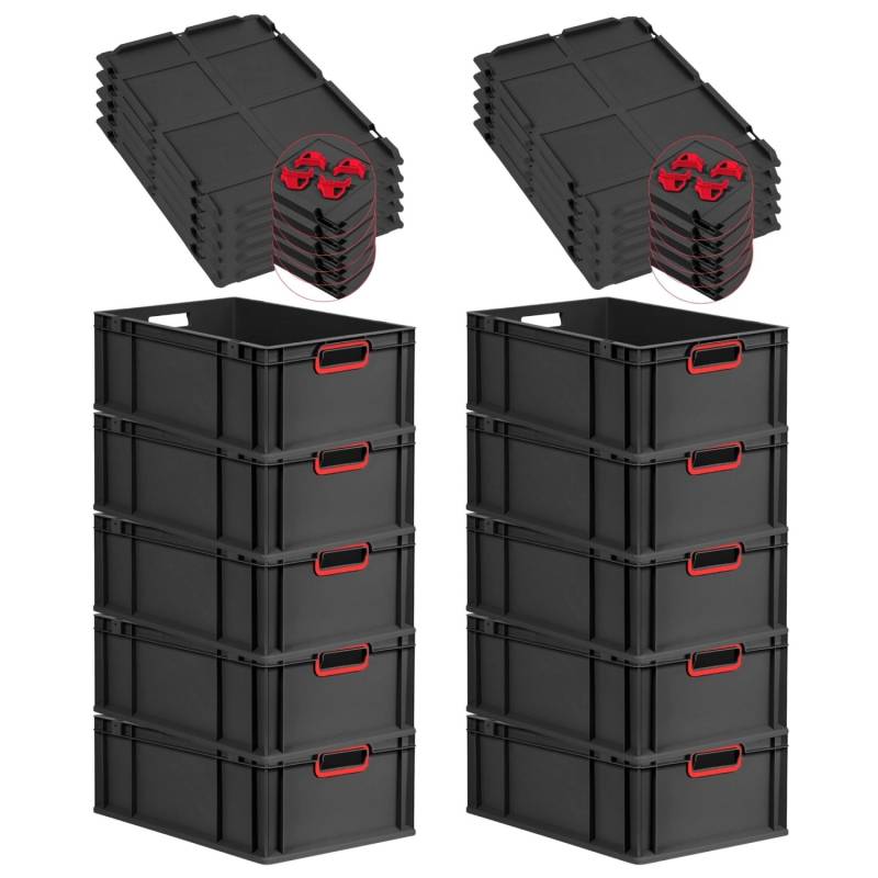 PROREGAL SparSet 10x Eurobox Nextgen Color Mit Auflagedeckel HxBxT 22x40x60cm 44 Liter Schwarz Griffe Rot Offen Eurobehälter Transportbox von PROREGAL