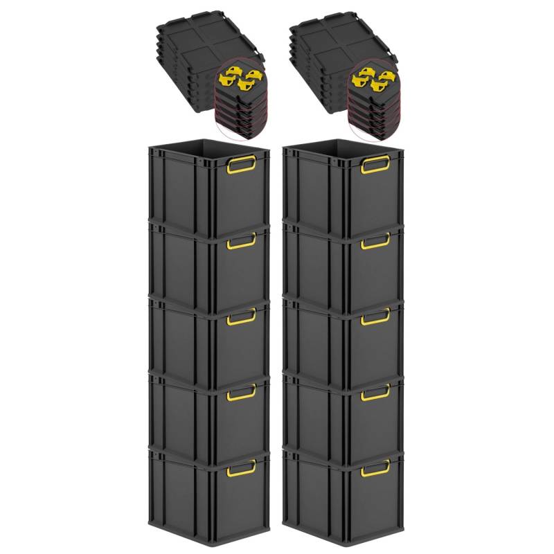 PROREGAL SparSet 10x Eurobox Nextgen Color Mit Auflagedeckel HxBxT 32x30x40cm 30 Liter Schwarz Griffe Gelb Geschlossen Eurobehälter Transportbox von PROREGAL