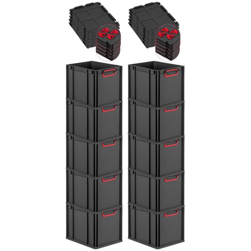 PROREGAL SparSet 10x Eurobox Nextgen Color Mit Auflagedeckel HxBxT 32x30x40cm 30 Liter Schwarz Griffe Rot Geschlossen Eurobehälter Transportbox von PROREGAL
