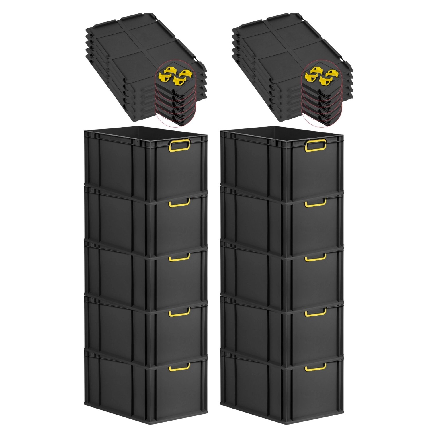 PROREGAL SparSet 10x Eurobox Nextgen Color Mit Auflagedeckel HxBxT 32x40x60cm 65 Liter Schwarz Griffe Gelb Geschlossen Eurobehälter Transportbox von PROREGAL