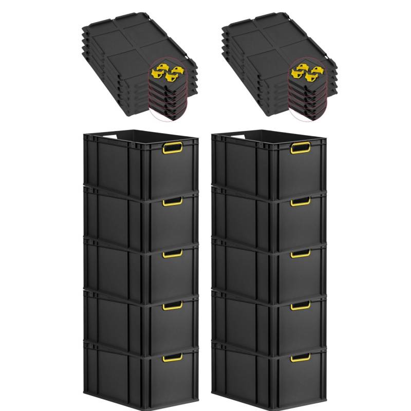 PROREGAL SparSet 10x Eurobox Nextgen Color Mit Auflagedeckel HxBxT 32x40x60cm 65 Liter Schwarz Griffe Gelb Offen Eurobehälter Transportbox von PROREGAL
