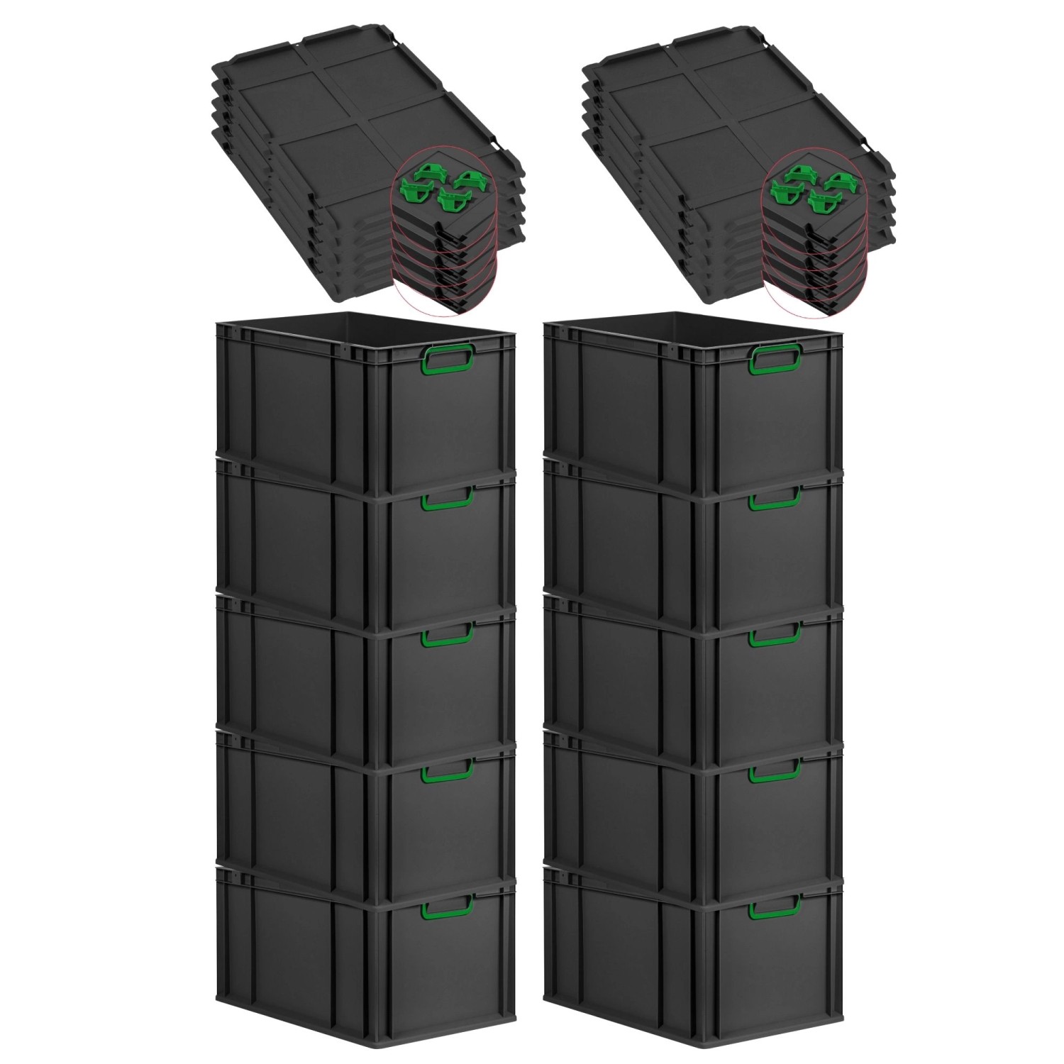 PROREGAL SparSet 10x Eurobox Nextgen Color Mit Auflagedeckel HxBxT 32x40x60cm 65 Liter Schwarz Griffe Grün Geschlossen Eurobehälter Transportbox von PROREGAL