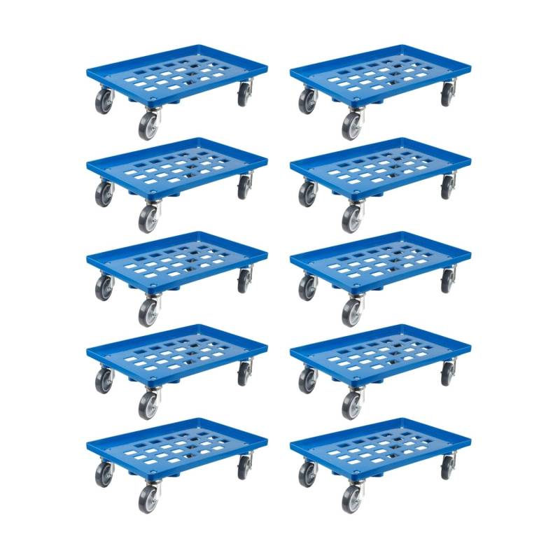 PROREGAL SparSet 10x Transportroller für Euroboxen 60 x 40 cm mit Gummiräder Blau Gitter/Rasterdeck 2 Lenkrollen und 2 Bremsrollen Traglast 300 kg von PROREGAL