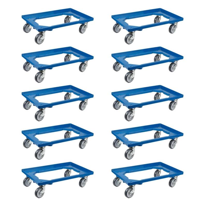 PROREGAL SparSet 10x Transportroller für Euroboxen 60 x 40 cm mit Gummiräder Blau Offenes Deck 4 Lenkrollen Traglast 300 kg von PROREGAL