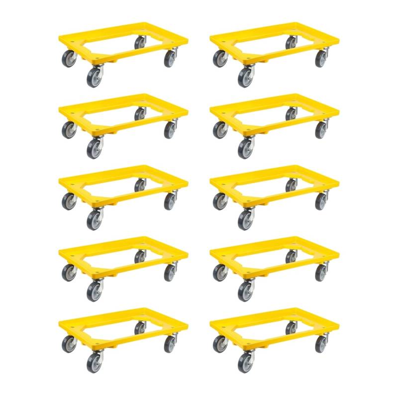 PROREGAL SparSet 10x Transportroller für Euroboxen 60 x 40 cm mit Gummiräder Gelb Offenes Deck 2 Lenkrollen und 2 Bockrollen Traglast 300 kg von PROREGAL