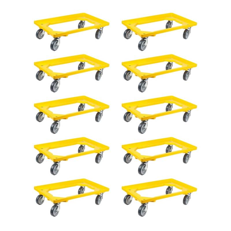 PROREGAL SparSet 10x Transportroller für Euroboxen 60 x 40 cm mit Gummiräder Gelb Offenes Deck 2 Lenkrollen und 2 Bremsrollen Traglast 300 kg von PROREGAL