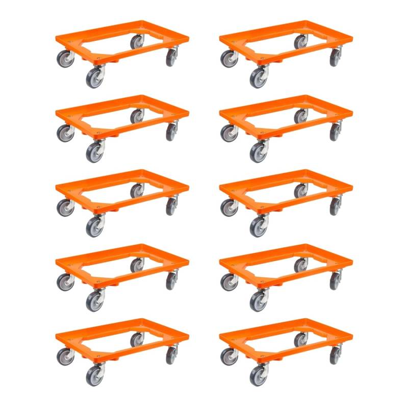 PROREGAL SparSet 10x Transportroller für Euroboxen 60 x 40 cm mit Gummiräder Orange Offenes Deck 2 Lenkrollen und 2 Bockrollen Traglast 300 kg von PROREGAL