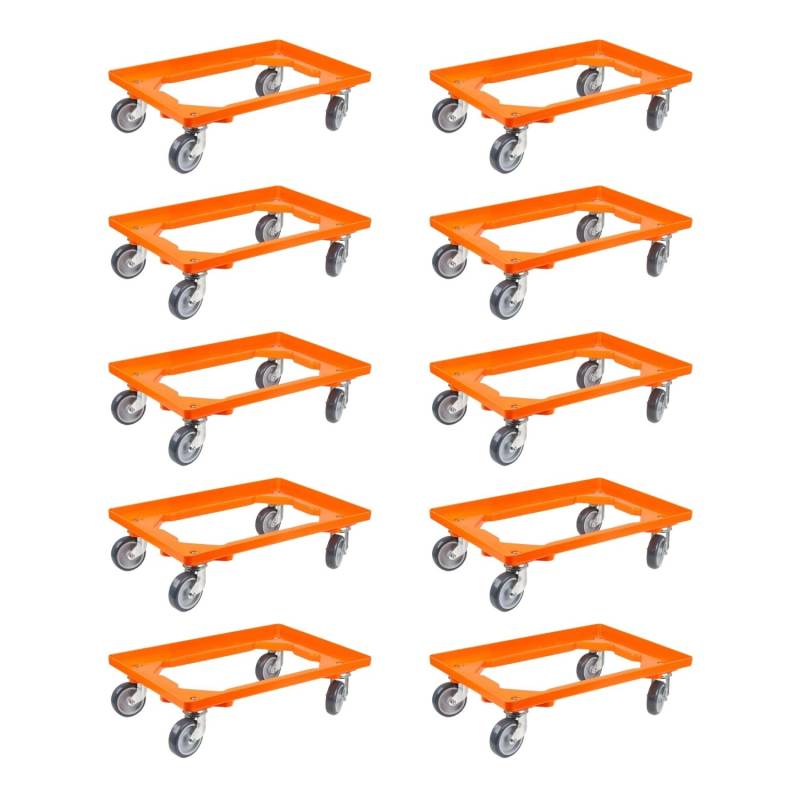 PROREGAL SparSet 10x Transportroller für Euroboxen 60 x 40 cm mit Gummiräder Orange Offenes Deck 2 Lenkrollen und 2 Bremsrollen Traglast 300 kg von PROREGAL