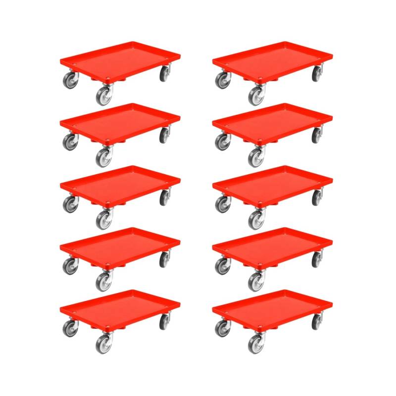 PROREGAL SparSet 10x Transportroller für Euroboxen 60 x 40 cm mit Gummiräder Rot Geschlossenes Deck 2 Lenkrollen und 2 Bockrollen Traglast 300 kg von PROREGAL