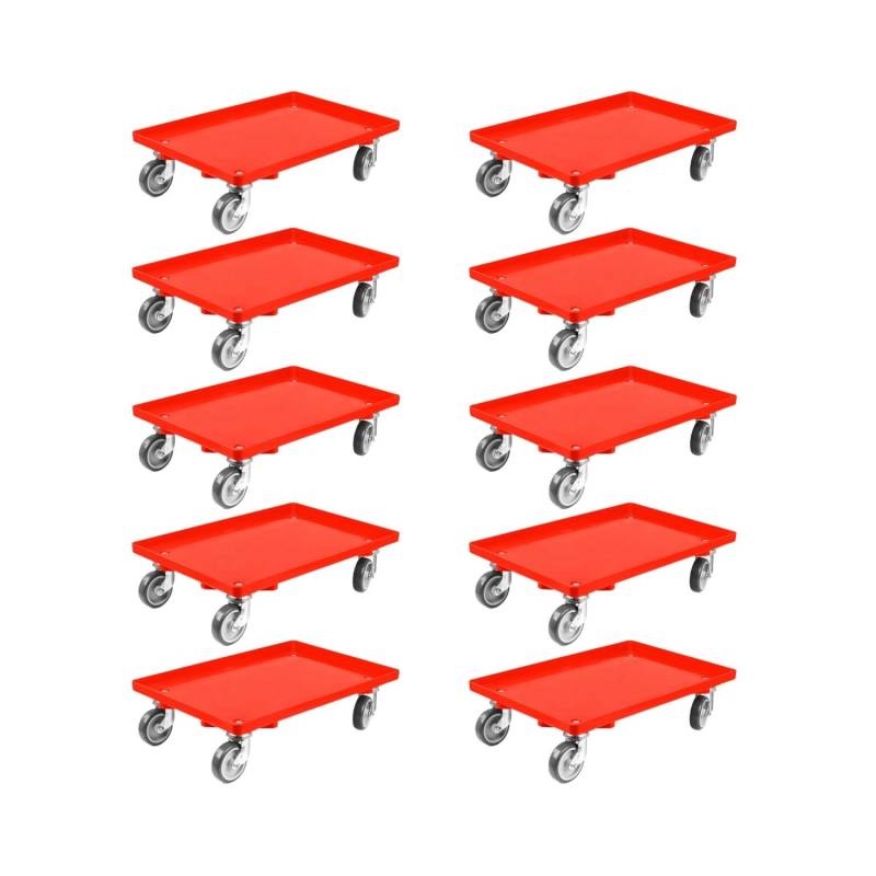 PROREGAL SparSet 10x Transportroller für Euroboxen 60 x 40 cm mit Gummiräder Rot Geschlossenes Deck 2 Lenkrollen und 2 Bremsrollen Traglast 300 kg von PROREGAL