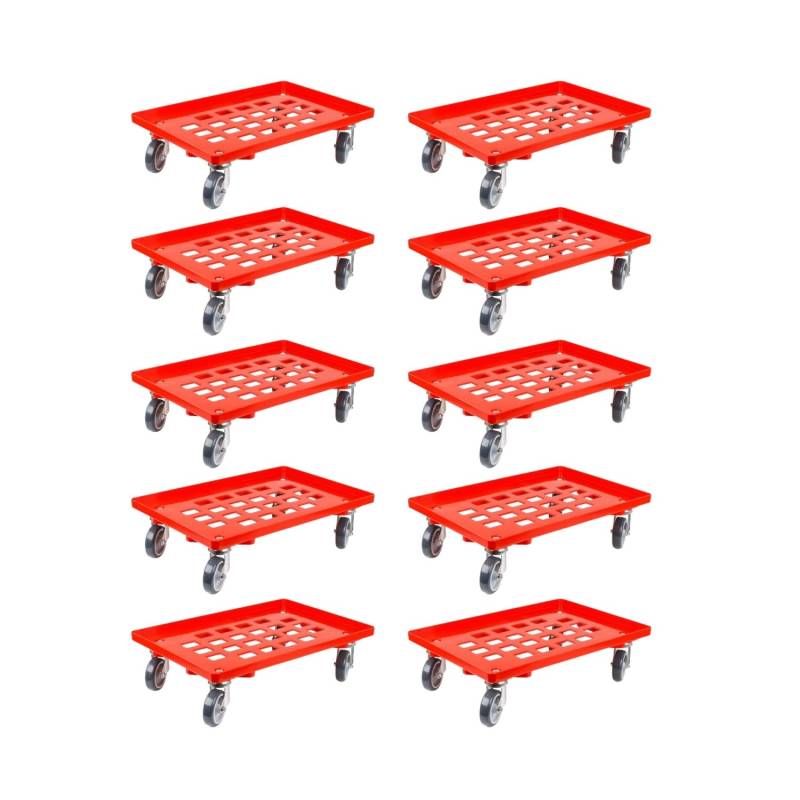 PROREGAL SparSet 10x Transportroller für Euroboxen 60 x 40 cm mit Gummiräder Rot Gitter/Rasterdeck 2 Lenkrollen und 2 Bockrollen Traglast 300 kg von PROREGAL