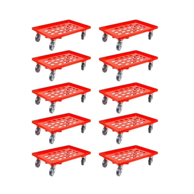 PROREGAL SparSet 10x Transportroller für Euroboxen 60 x 40 cm mit Gummiräder Rot Gitter/Rasterdeck 2 Lenkrollen und 2 Bremsrollen Traglast 300 kg von PROREGAL