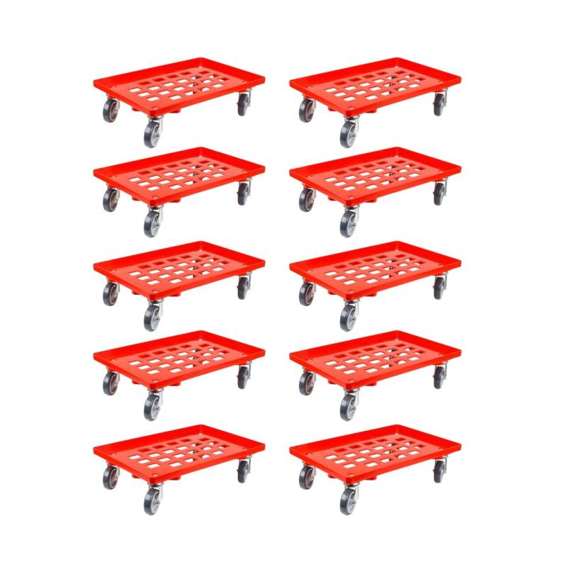 PROREGAL SparSet 10x Transportroller für Euroboxen 60 x 40 cm mit Gummiräder Rot Gitter/Rasterdeck 4 Lenkrollen Traglast 300 kg von PROREGAL