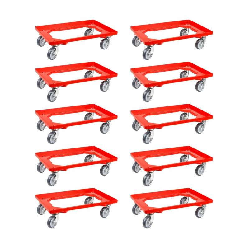 PROREGAL SparSet 10x Transportroller für Euroboxen 60 x 40 cm mit Gummiräder Rot Offenes Deck 4 Lenkrollen Traglast 300 kg von PROREGAL
