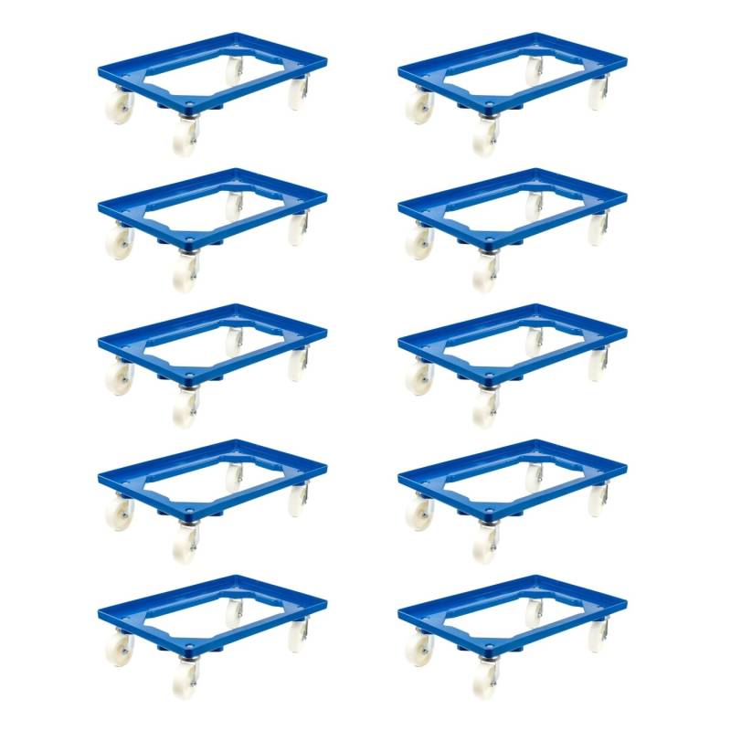 PROREGAL SparSet 10x Transportroller für Euroboxen 60 x 40 cm mit Kunststoffräder Blau Offenes Deck 2 Lenkrollen und 2 Bockrollen Traglast 300 kg von PROREGAL