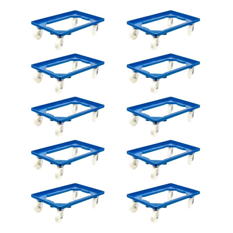 PROREGAL SparSet 10x Transportroller für Euroboxen 60 x 40 cm mit Kunststoffräder Blau Offenes Deck 2 Lenkrollen und 2 Bremsrollen Traglast 300 kg von PROREGAL