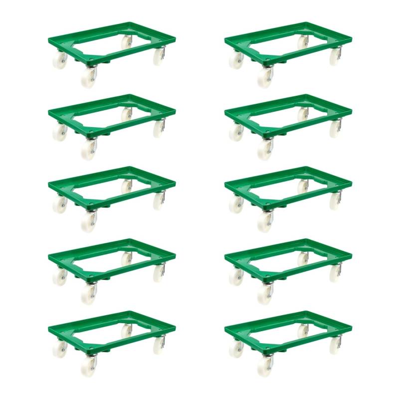 PROREGAL SparSet 10x Transportroller für Euroboxen 60 x 40 cm mit Kunststoffräder Grün Offenes Deck 2 Lenkrollen und 2 Bremsrollen Traglast 300 kg von PROREGAL