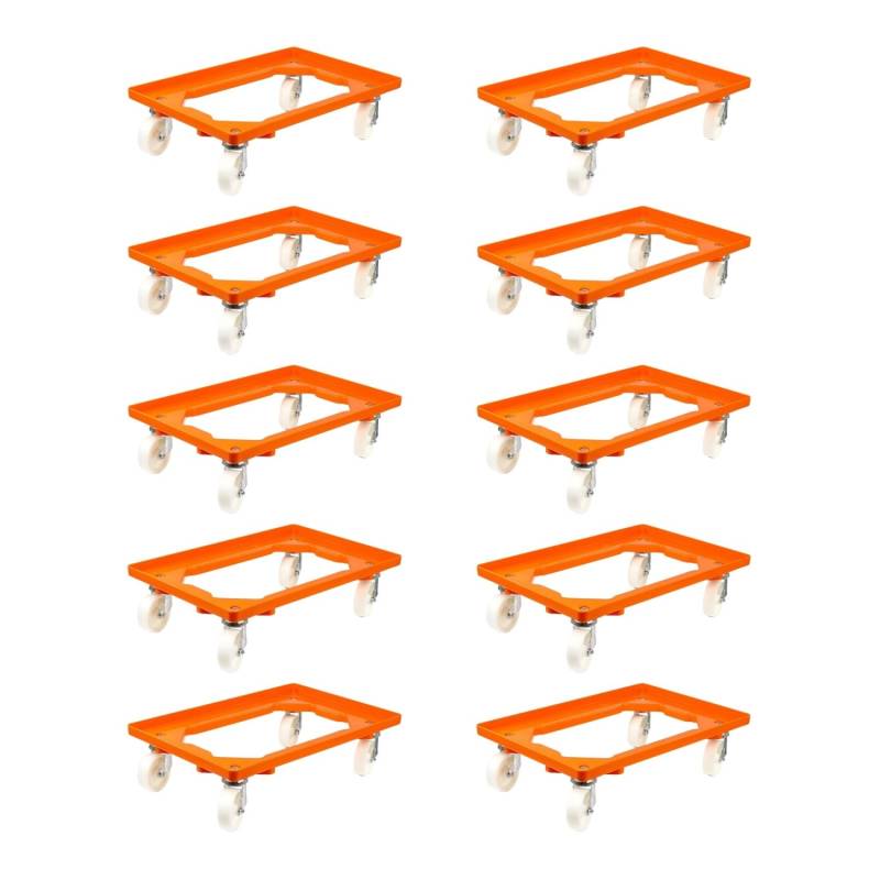PROREGAL SparSet 10x Transportroller für Euroboxen 60 x 40 cm mit Kunststoffräder Orange Offenes Deck 2 Lenkrollen und 2 Bockrollen Traglast 300 kg von PROREGAL
