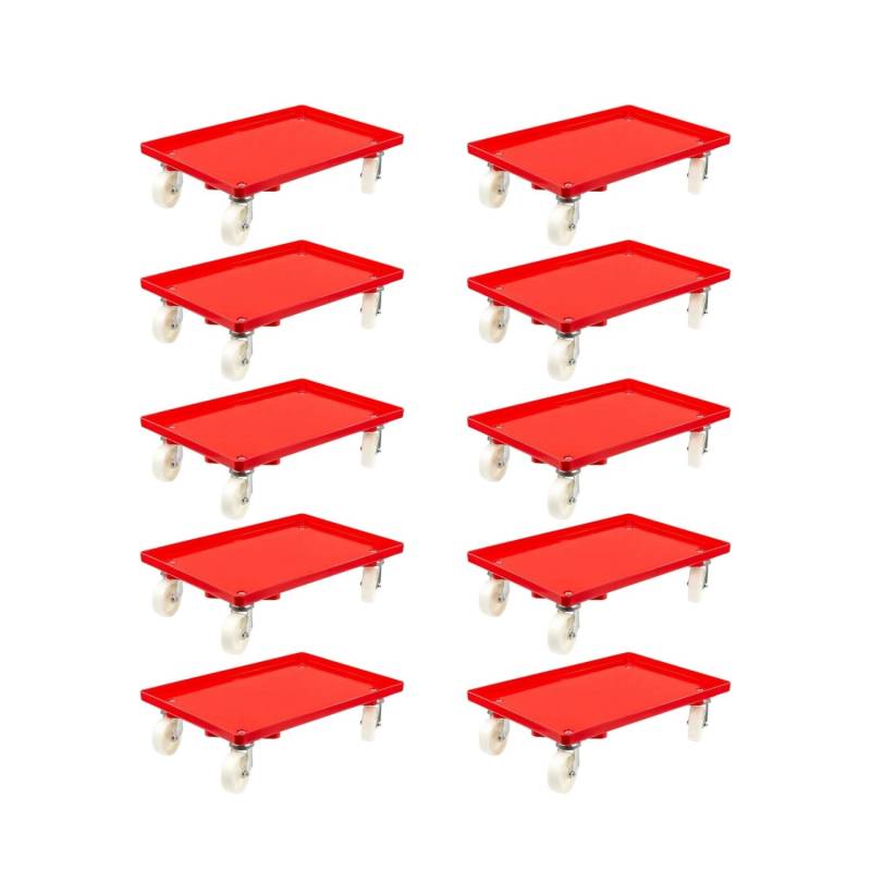 PROREGAL SparSet 10x Transportroller für Euroboxen 60 x 40 cm mit Kunststoffräder Rot Geschlossenes Deck 4 Lenkrollen Traglast 300 kg von PROREGAL