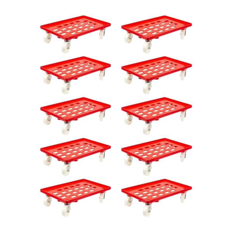 PROREGAL SparSet 10x Transportroller für Euroboxen 60 x 40 cm mit Kunststoffräder Rot Gitter/Rasterdeck 2 Lenkrollen und 2 Bremsrollen 300 kg von PROREGAL